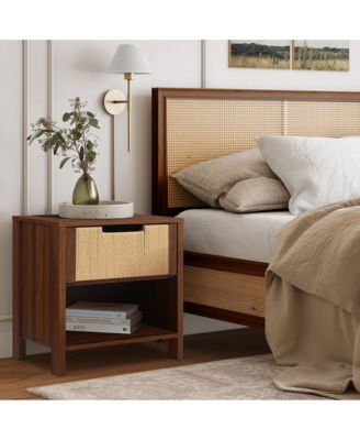 Walnut Finish MDF Wood with Rope Front 1-Drawer Nightstand and End Table