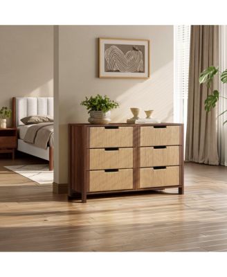 Walnut Finish MDF Wood with Rope Front 6-Drawer Horizontal Dresser