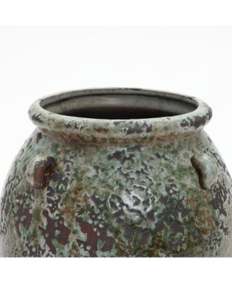 Antiqued Terracotta Jar Vase, Rustic 17-Inch Green & Brown Flower Holder