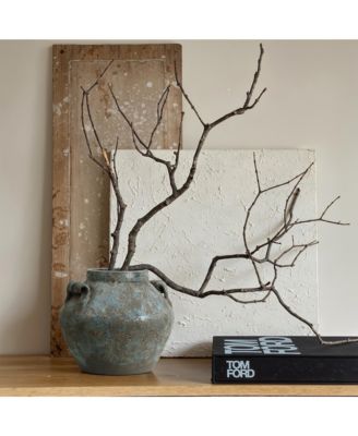 Antiqued Blue & Brown Terracotta Vase with Handles, 9" Round Farmhouse Vintage Pottery