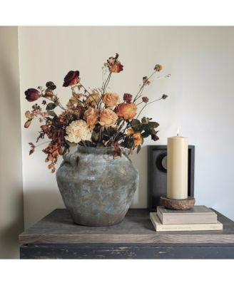 Antiqued Blue & Brown Terracotta Vase with Handles, 11" Round Farmhouse Vintage Pottery