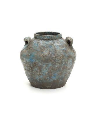 Antiqued Blue & Brown Terracotta Vase with Handles, 11" Round Farmhouse Vintage Pottery