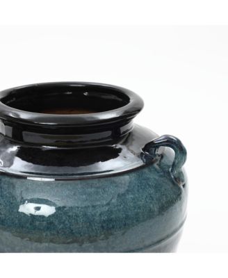 Ocean Blue Ceramic Vase with Handles, 15.75" Tall Amphora Pot for Rustic or Coastal Decor