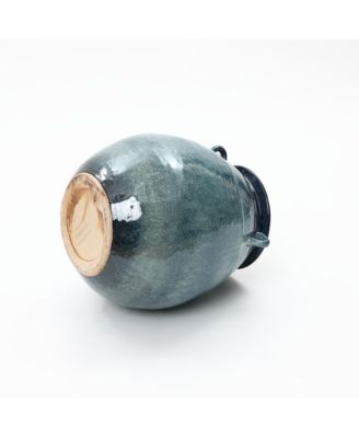 Ocean Blue Ceramic Vase with Handles, 17.5" Tall Rounded Pot for Rustic or Coastal Decor