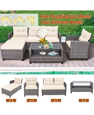 4 Pieces Patio Rattan Sofa Furniture Set with Cushion and 2-Tier Coffee Table