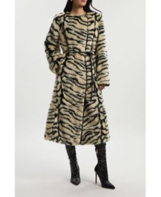 Women's Faux Fur Collarless Tie Belted Midi Coat