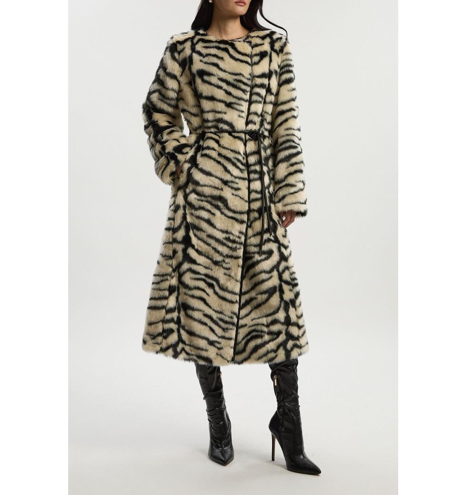 Women's Faux Fur Collarless Tie Belted Midi Coat