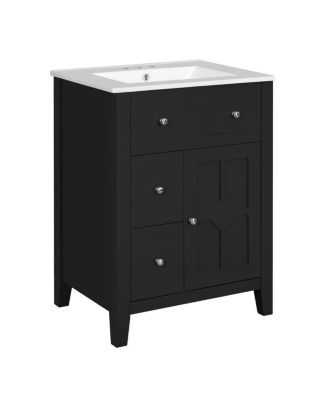 24" Bathroom Vanity with Ceramic Basin, Modern Cabinet with 2 Drawers, Soft-Closing Door & Adjustable Shelf for Small Bathrooms