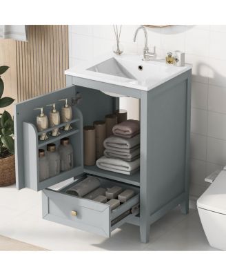 20" Bathroom Vanity with Ceramic Sink, Modern Freestanding MDF Cabinet, Storage Rack Drawer Soft Close for Small Spaces