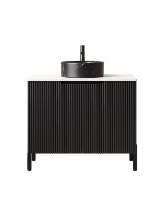 30" Bathroom Vanity with Round Ceramic Sink, Carrara Stone Countertop, 2 Soft Close Doors, Modern Freestanding Storage