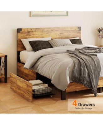 Bed Frame with 4 Storage Drawers, Metal Platform Bed Frame with Wooden Headboard and Footboard, Noise-Free, Easy Assembly