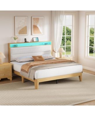 King Boucle Bed Frame, Bed Frame with RGB LED Light & Charging Station, 2-Tier Storage Headboard and Sturdy Wooden Slats Support