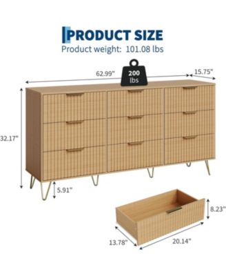 Takywep Fluted 9-Drawer Dresser for Bedroom, 63" Wide Modern Minimalist Chest of Wooden Drawers,Wide Clothes Storage Organizer