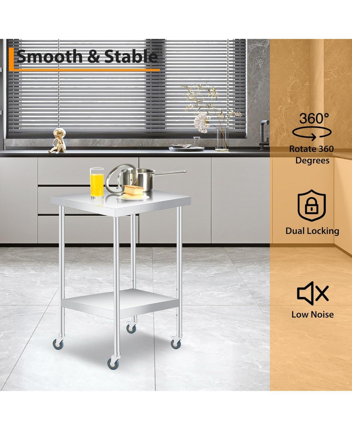 gaomon Heavy-Duty Stainless-Steel Table with 2 Shelves & 4 Wheels, 24x24x35 Inch Utility Cart, Commercial Kitchen Worktable for Food Prep, Restaurant