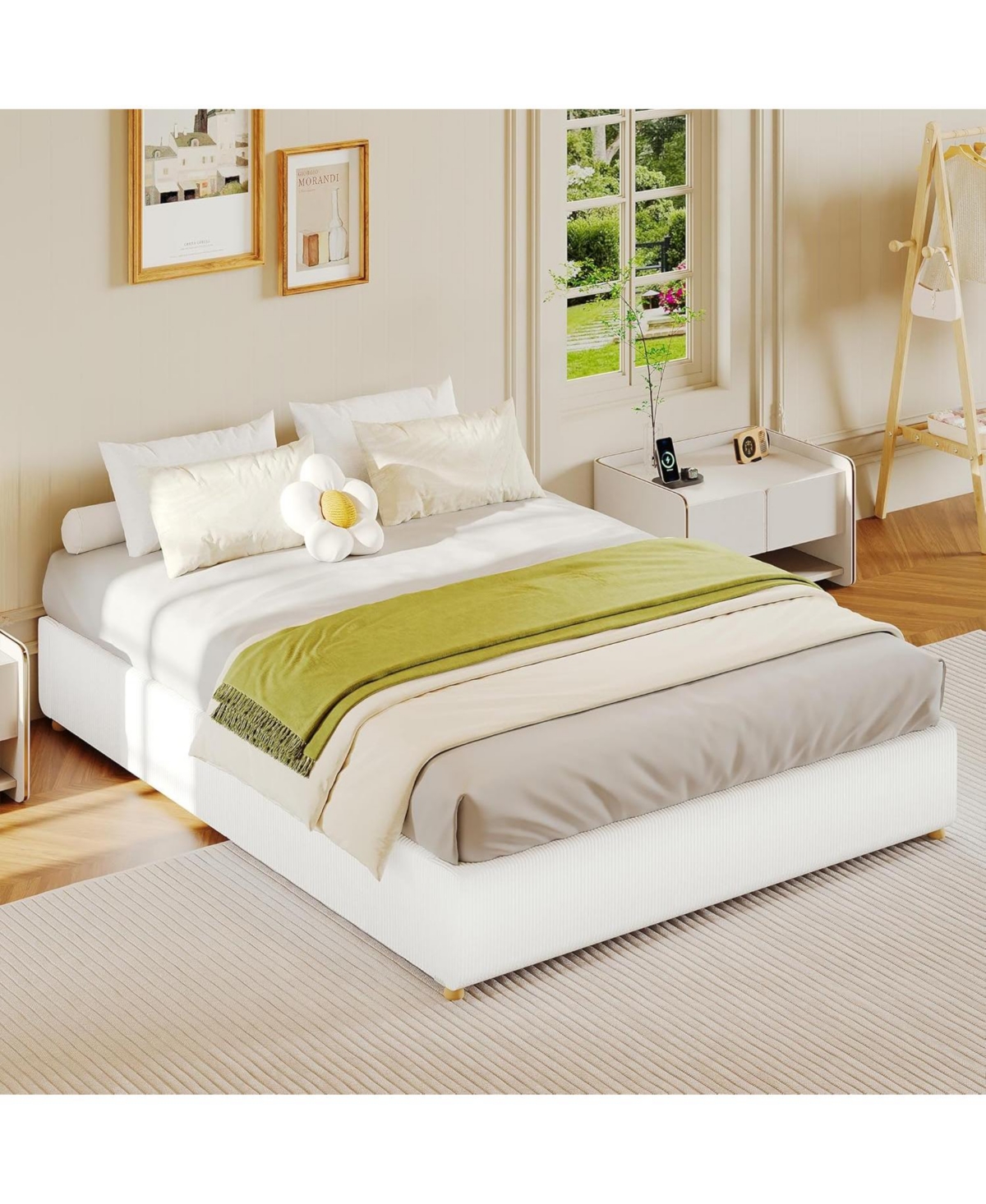 gaomon Cloud Bed Frame Corduroy Low Without Headboard, Thick Fabric Upholstered Platform Bed, Solid Wood Legs