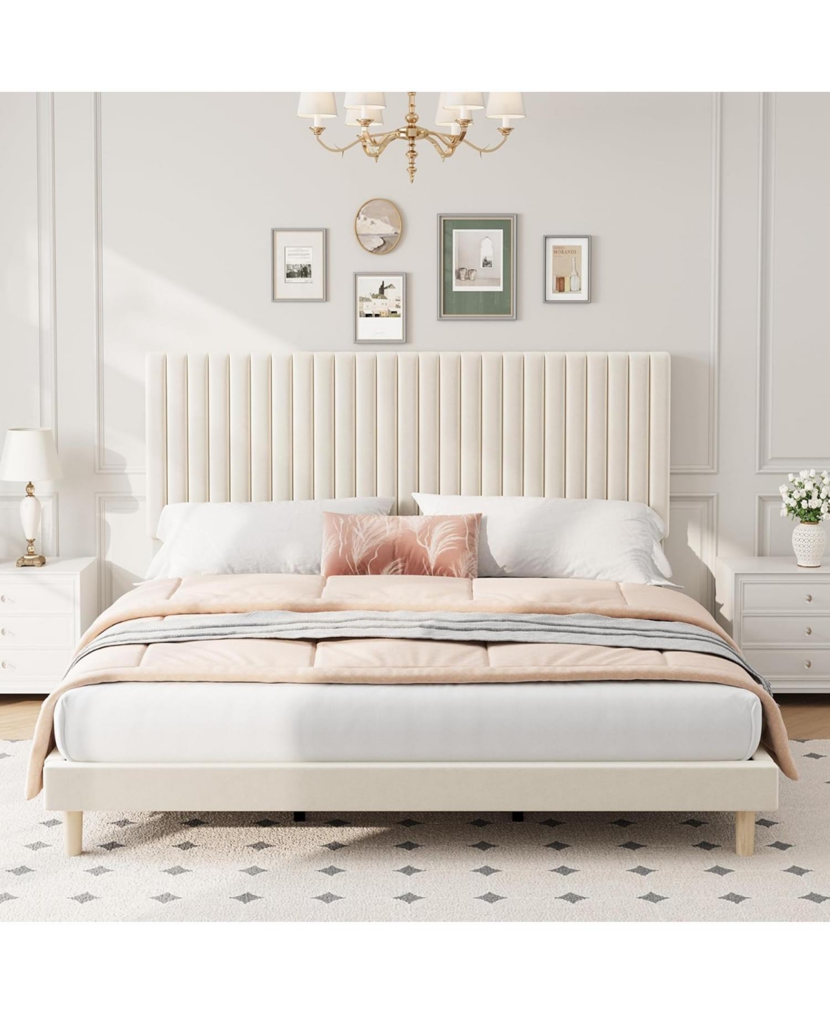 gaomon Bed Frame with Adjustable Headboard, Velvet Upholstered Platform Frame, Vertical Channel Tufted