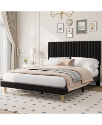 Queen Bed Frame with Adjustable Headboard, Velvet Upholstered Platform Queen Size Bed Frame, Vertical Channel Tufted, Strong Wooden Slats