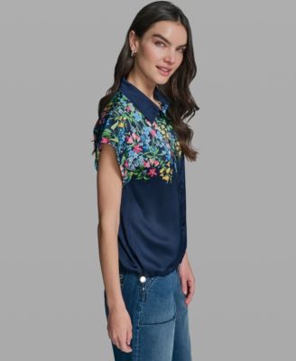 Women's Short-Sleeve Floral Printed Camp Shirt