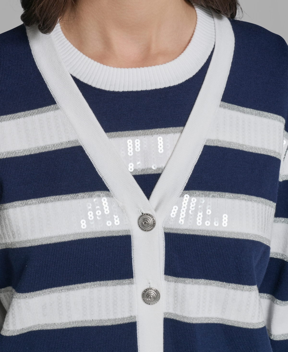 Karl Lagerfeld Paris Women's Long-Sleeve V-Neck Sequin Striped Cardigan