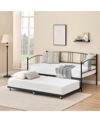 Daybed with Trundle, Metal Twin Size Daybed with Pullout Trundle 6 Casters, Steel Slat Support Sofa Bed for Living Room, Bedroom