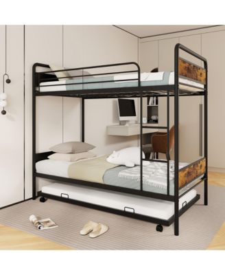 Twin Over Twin Bunk Bed w/ Trundle Industrial Metal Bunkbed Frame
