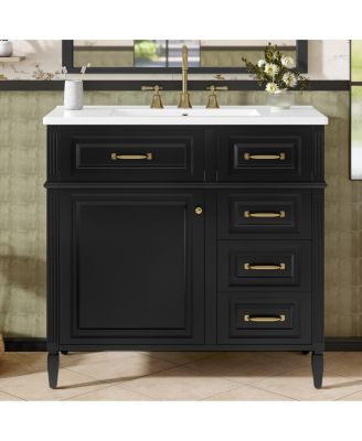 Freestanding Bathroom Vanity with Ceramic Sink, Flip Drawers & Adjustable Shelf, Modern Storage Cabinet