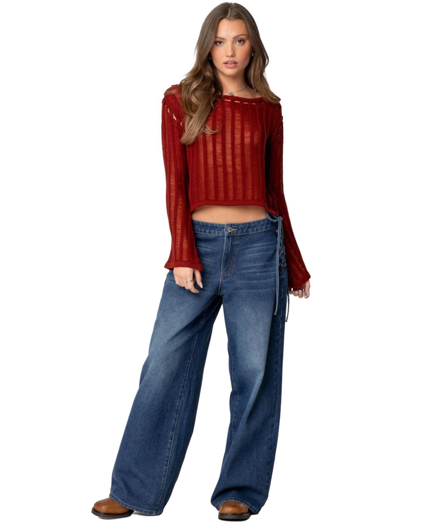 Женский топ Edikted Sagir Sheer Ladder Knit, цвет: Бордовый — фото 4