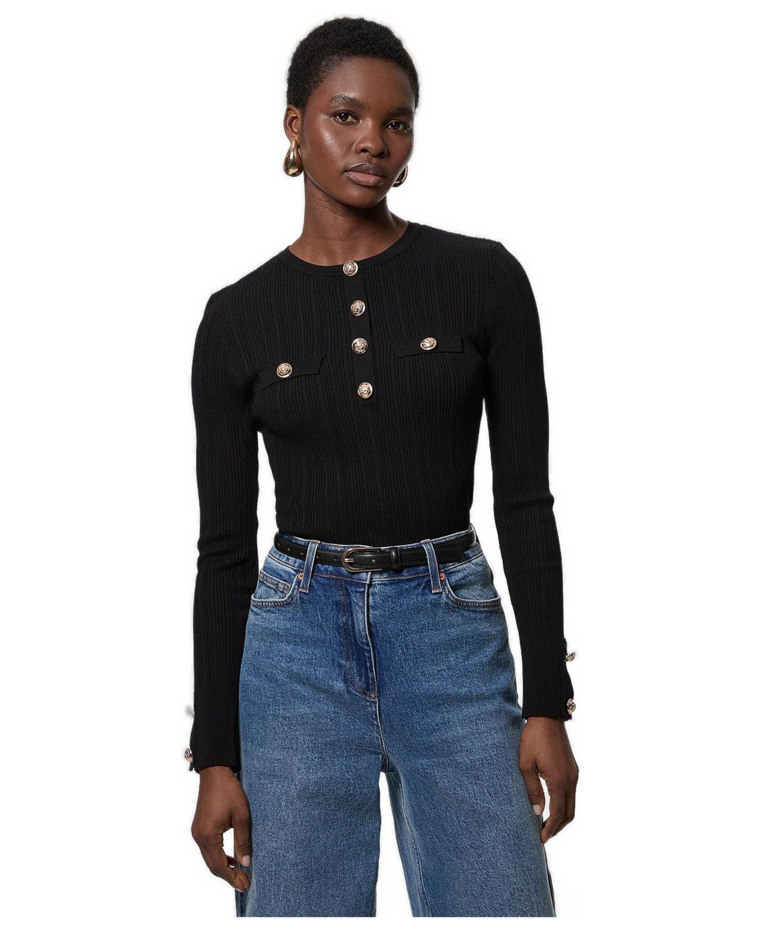 Women's Military Trim Rib Long Sleeve Knit Top
