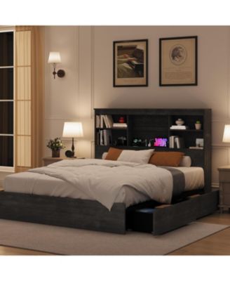Bed Frame with Storage Headboard, Wooden Bed Frame with Charging Station, Storage Bookcase & Platform Bed with 4 Drawers