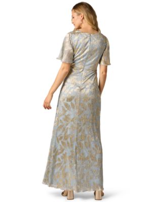 Women's Foil Leaf Flutter-Sleeve Draped Gown