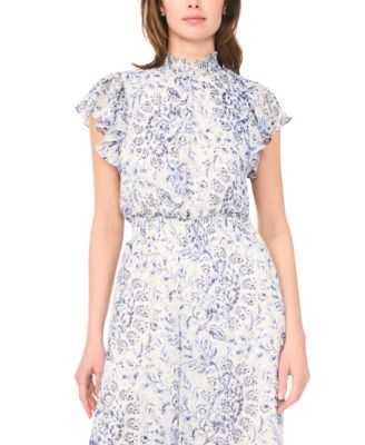 Women's Short-Sleeve Mock Neck Smocked Waist Jumpsuit