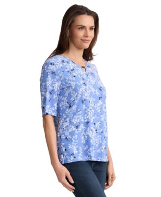 Petite Elbow Double Keyhole Neck Printed Jersey Top