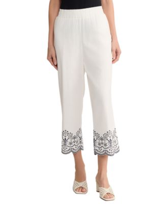 Petite Mid-Rise Straight Fit Embroidered Cropped Pants