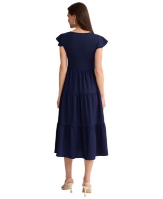 Petite Boat Neck Flutter-Sleeve Tiered Midi Dress