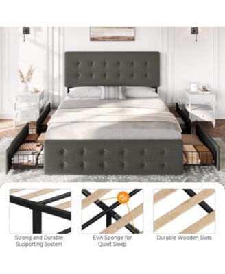 Bed Frame with Adjustable Headboard, Upholstered Platform Bed Frame with 4 Storage Drawers, Button Tufted Design, Wooden Slats Support.