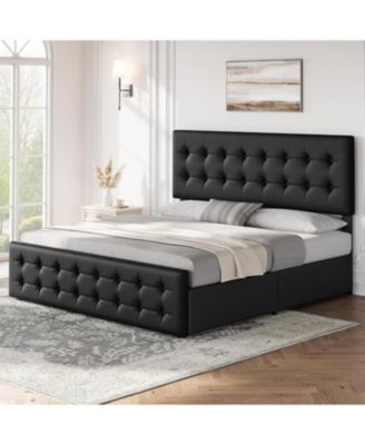  Bed Frame with 4 Storage Drawers and Headboard, Velvet Upholstered Platform Bed Frame with Wooden Slats Support