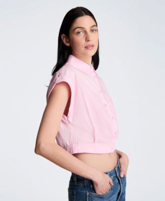 Women's Short Sleeve Button Front Collared Cropped Shirt