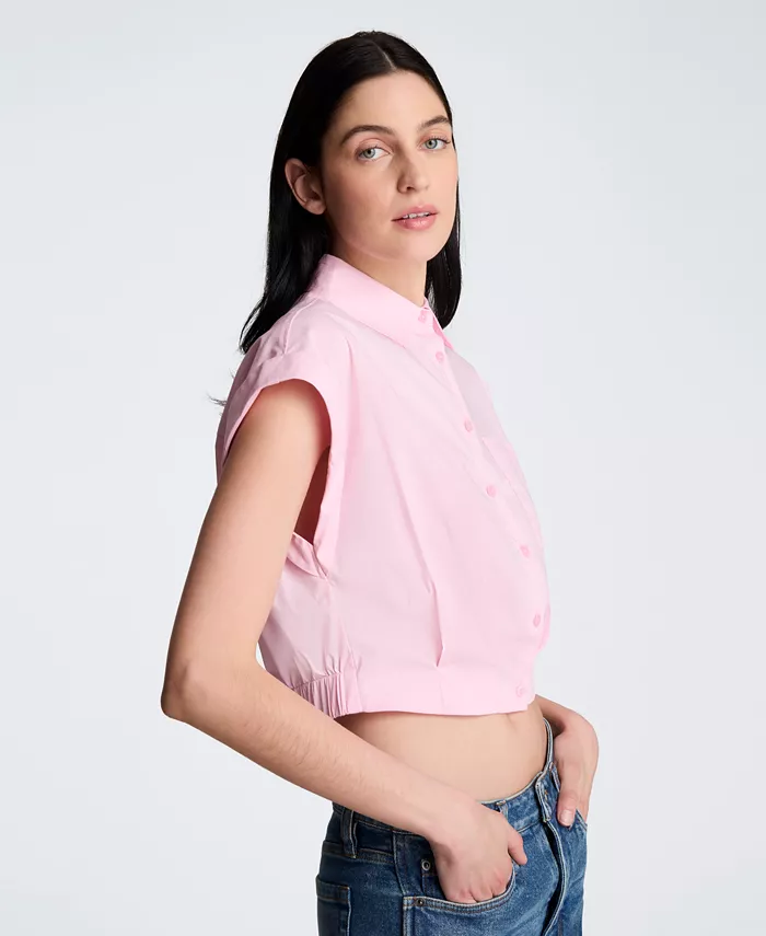 Women's Short-Sleeve Button-Front Collared Cropped Shirt - thumbnail 8