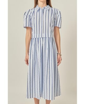Women's Striped Pleated Shoulder Shirt Midi Dress