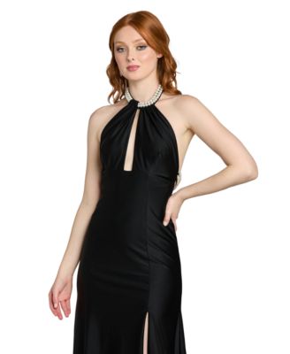 Juniors' Imitation-Pearl Halter Neck Long Gown