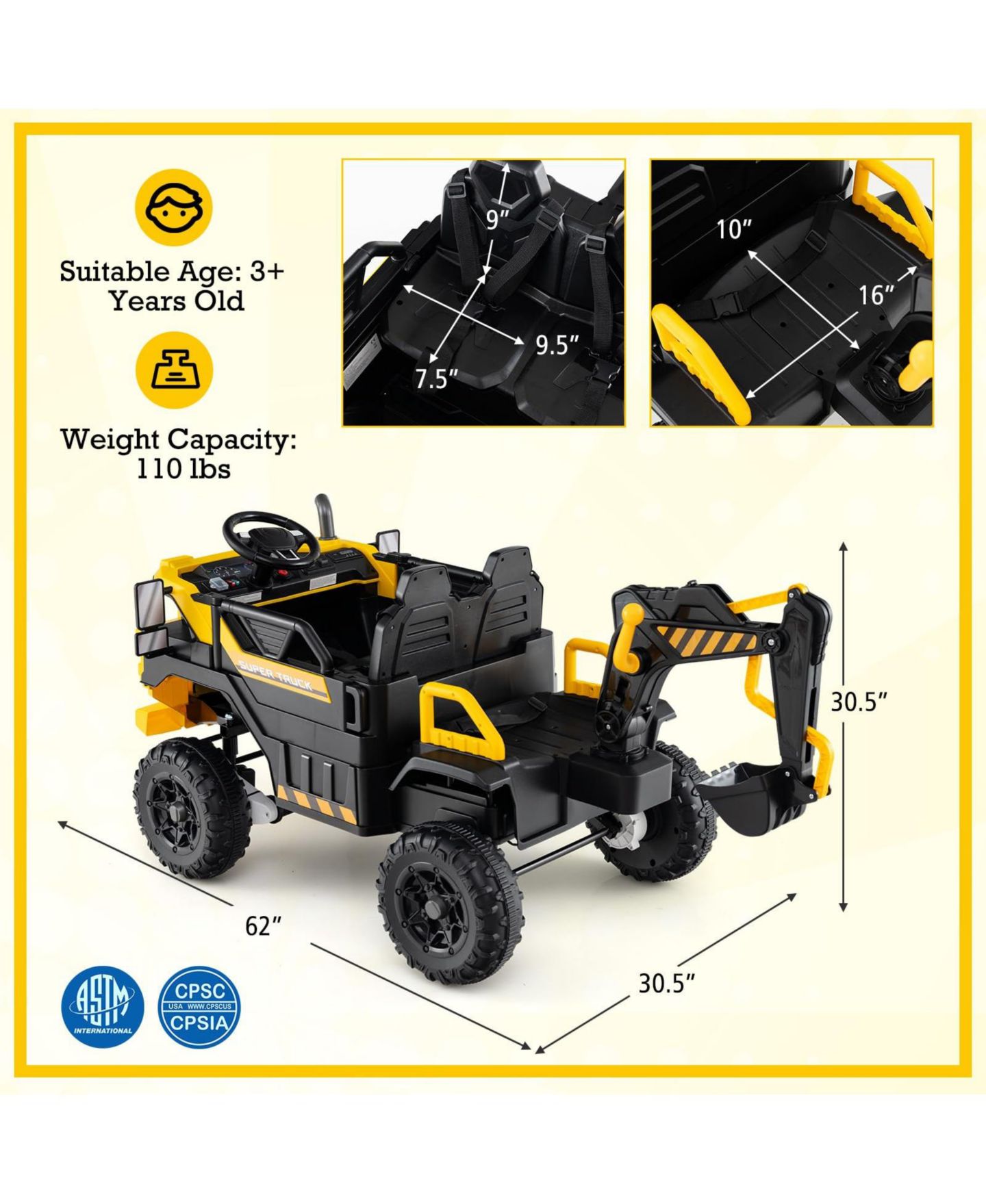 Детская игрушка Mecale 24V Ride On Excavator 4WD 2-Seater with Remote Control and Digging Arm, Ages 3+, цвет: Жёлтый — фото 3