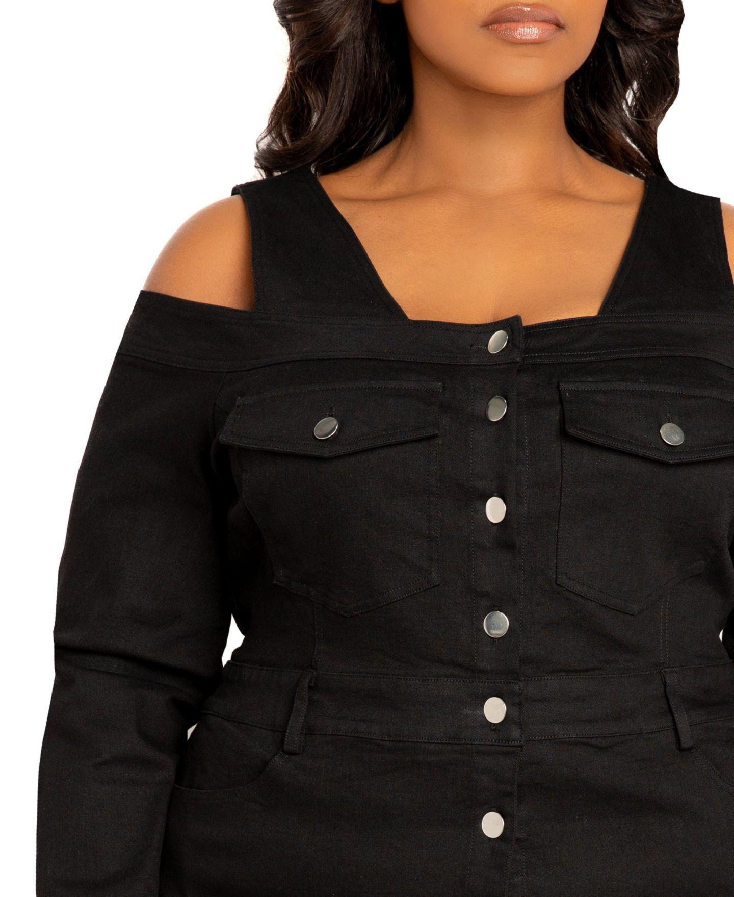Женское платье Buxom Couture Plus Size Off Shoulder Denim Mini, цвет: Джинсовый чёрный — фото 4