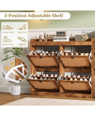 2PCS Of Shoe Cabinet with 4 Deep Flip Drawers Base Freestanding Wooden Shoe Storage Cabinet with Rattan Door and 3-Tier Adjustable Shelves