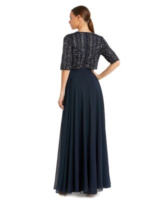 Women's Chiffon Gown with Fully Beaded Quarter Sleeve Bodice