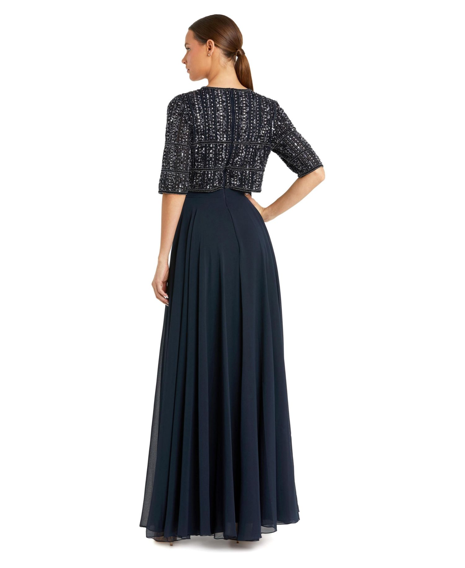 Women's Chiffon Gown with Fully Beaded Quarter Sleeve Bodice