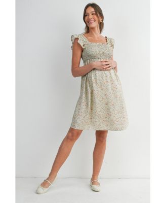 Maternity Smocked Floral Dress with Ruffle Cap Sleeves