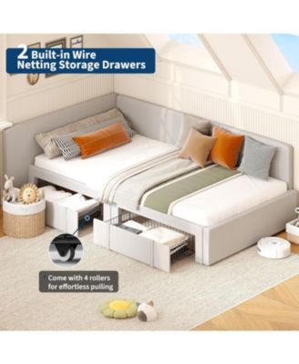 Daybed with 2 Storage Drawers, Corner Bed Frame with Extended Headboard and Bed Rails, Velvet Upholstered Sofa Bed with Guardrail