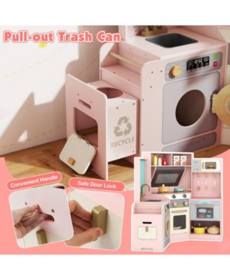 Corner Kitchen Toys with Lights & Sounds, Pull-Out Trash Can & Stove for Kids