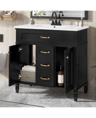 36" Bathroom Vanity with Ceramic Sink, Flip-Out Drawer, Soft Close Doors & Storage Drawers for Modern Bathrooms