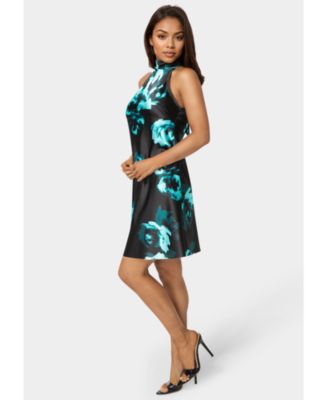 Women's Printed Satin Mock Neck Dress with Bow Back